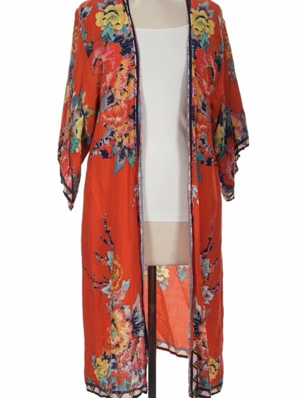 Flying Tomato Orange Floral Lightweight Open Kimono, Excellent Condition
